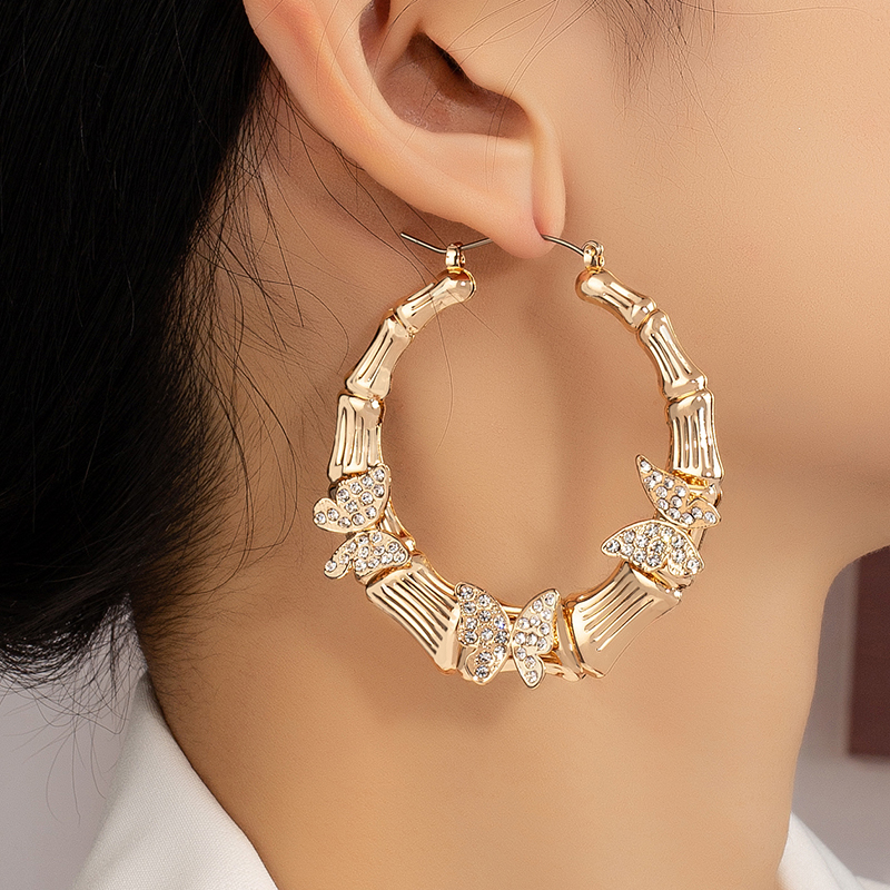 1 Pair Elegant Glam Lady Solid Color Butterfly Plating Inlay Ferroalloy Rhinestones 14k Gold Plated Hoop Earrings display picture 4