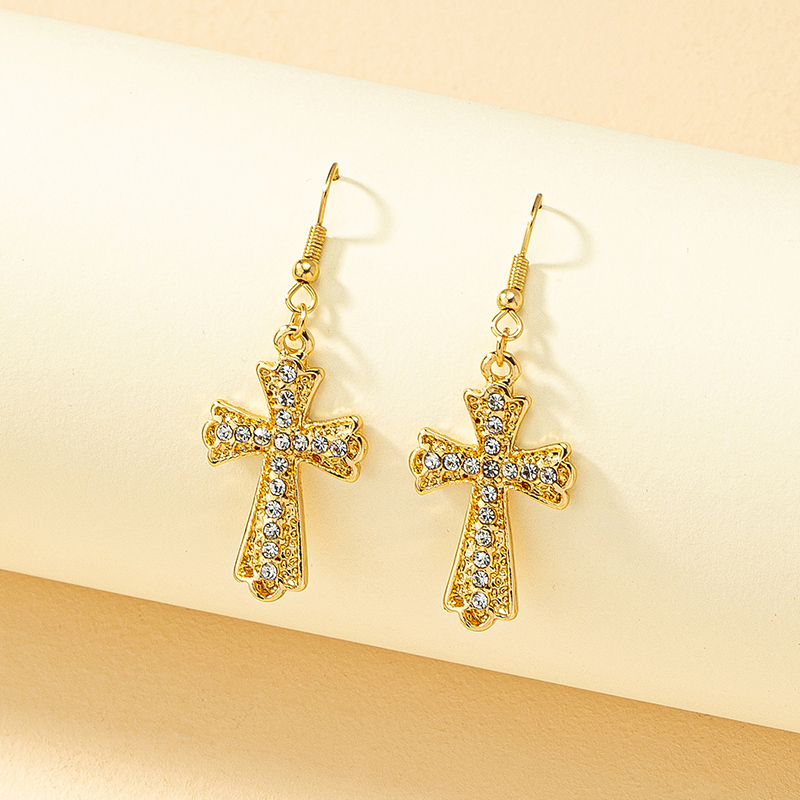 1 Pair Casual Vintage Style Cross Plating Inlay Zinc Alloy Rhinestones 14k Gold Plated Drop Earrings display picture 2