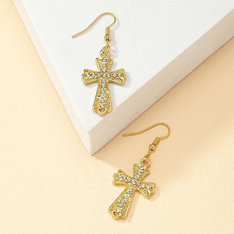 1 Pair Casual Vintage Style Cross Plating Inlay Zinc Alloy Rhinestones 14k Gold Plated Drop Earrings display picture 3