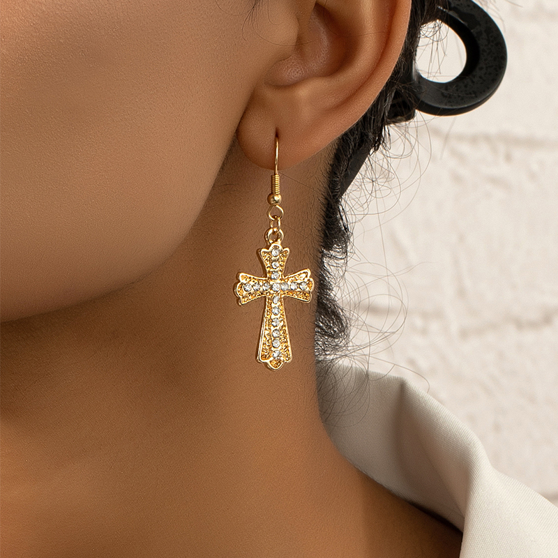 1 Pair Casual Vintage Style Cross Plating Inlay Zinc Alloy Rhinestones 14k Gold Plated Drop Earrings display picture 1