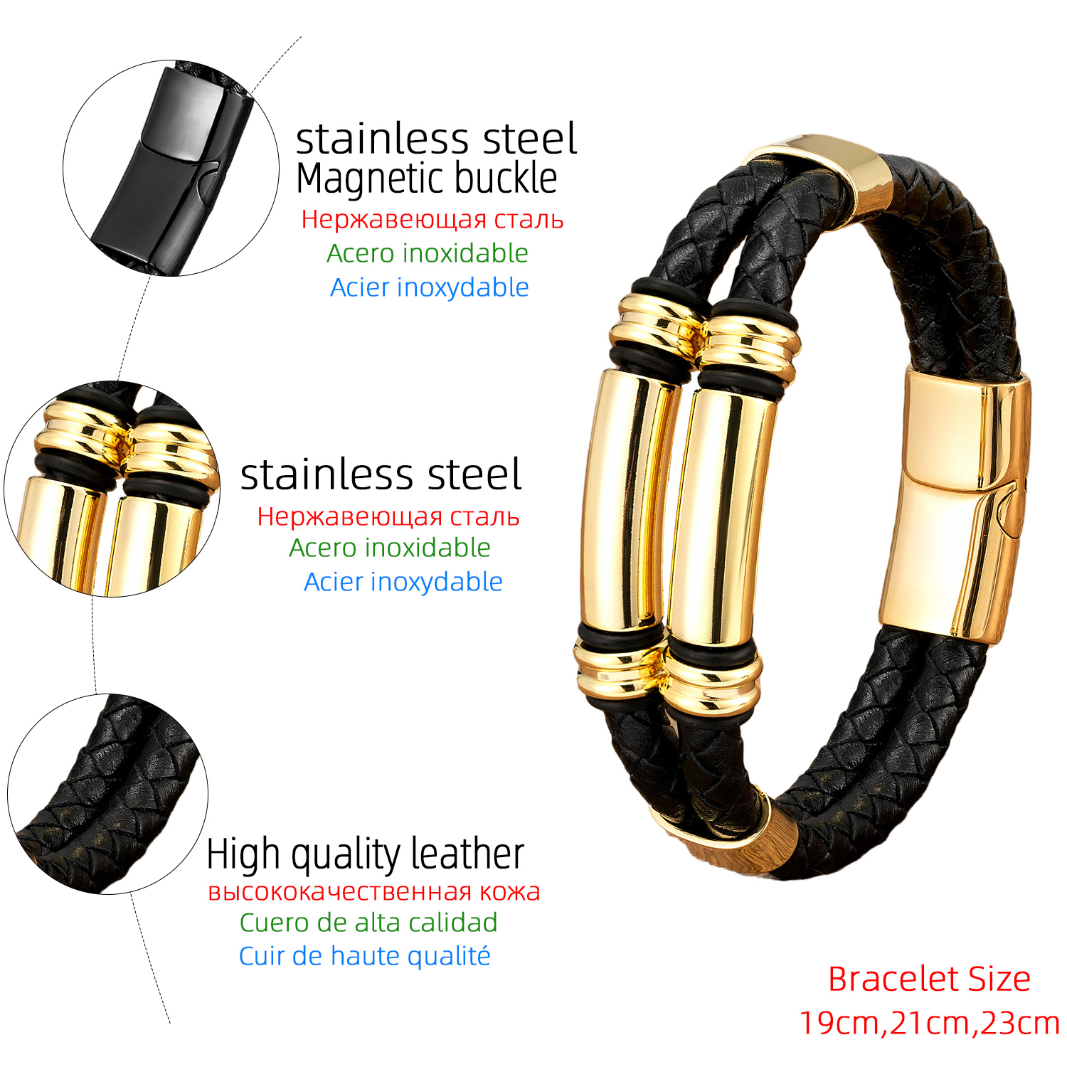 Punk Modern Style Geometric Color Block Stainless Steel Pu Leather Handmade Metal Men's Bracelets display picture 7