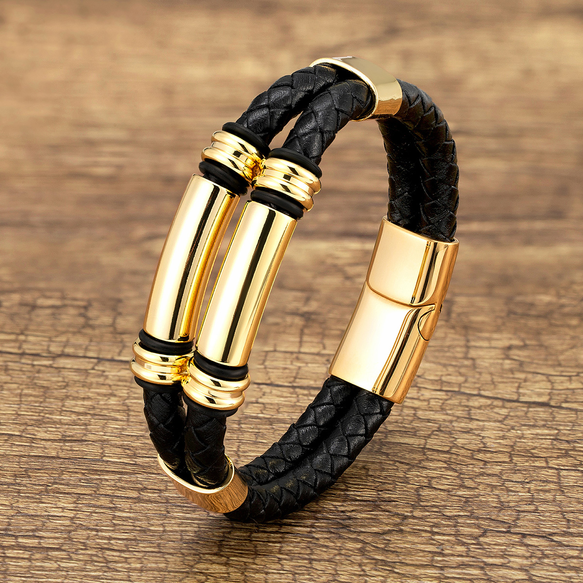 Punk Modern Style Geometric Color Block Stainless Steel Pu Leather Handmade Metal Men's Bracelets display picture 2