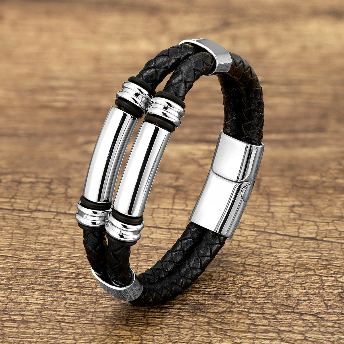 Punk Modern Style Geometric Color Block Stainless Steel Pu Leather Handmade Metal Men's Bracelets display picture 1