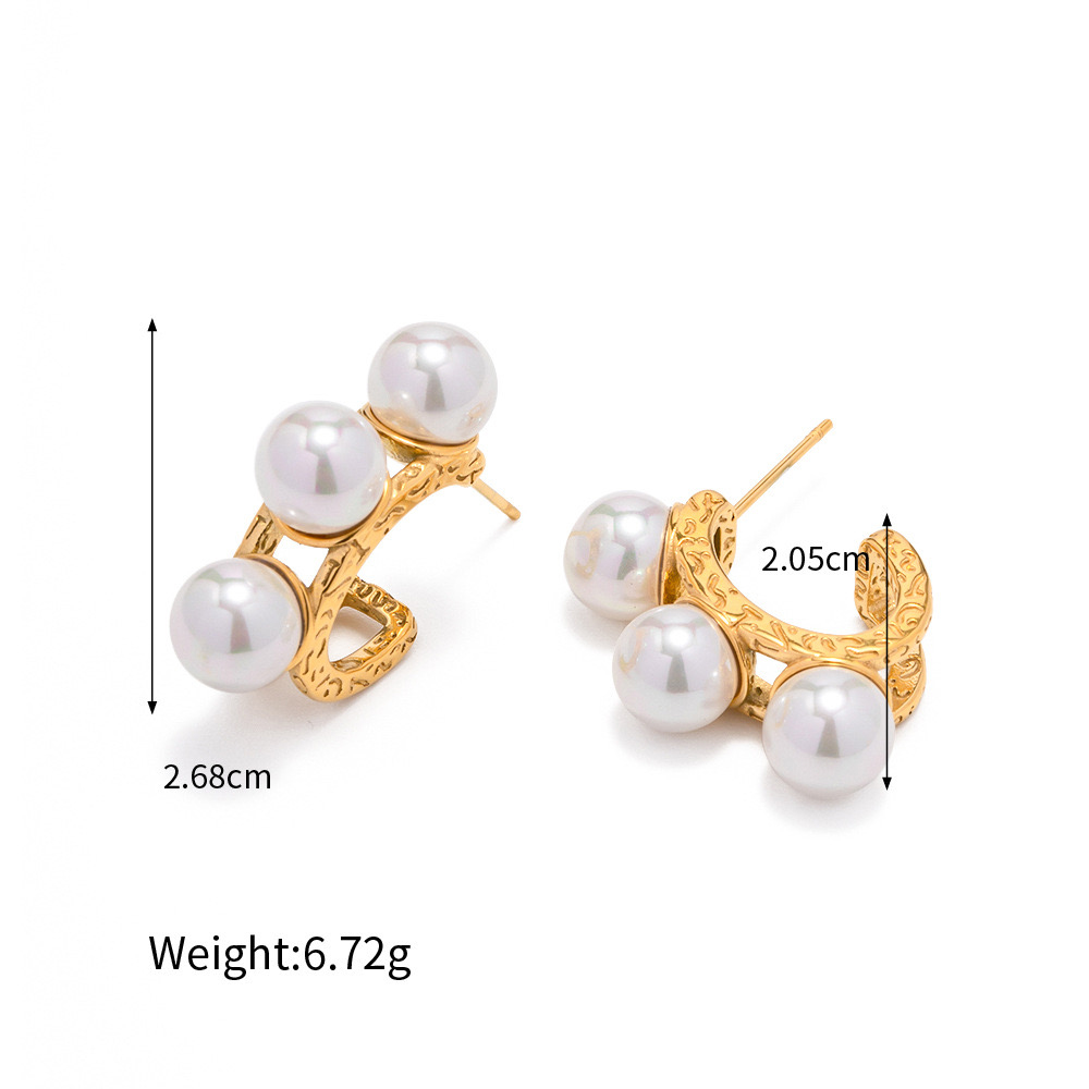 1 Pair Ig Style Casual C Shape Solid Color Plating Inlay Stainless Steel Artificial Pearls 14k Gold Plated Ear Studs display picture 5