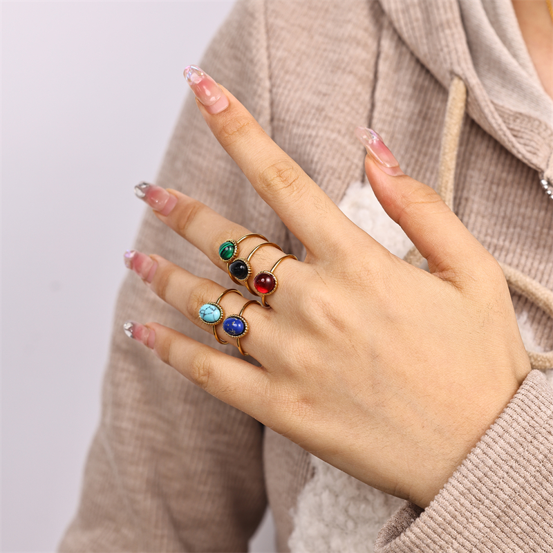 Stainless Steel Elegant Retro Lady Plating Inlay Round Natural Stone Open Rings display picture 6