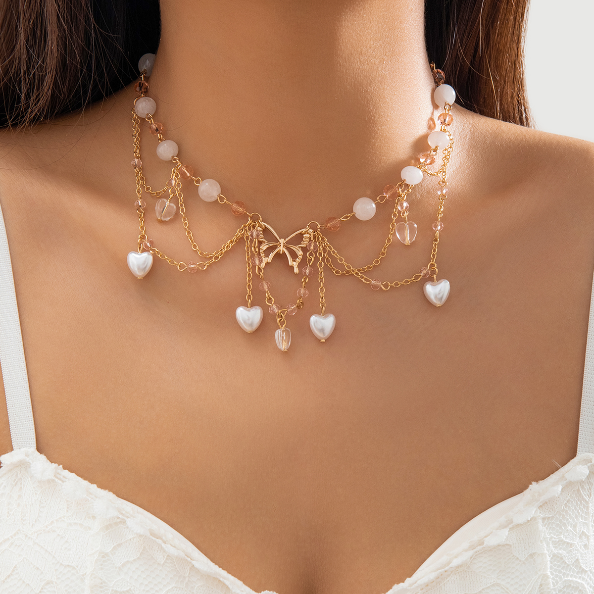 Elegant Sweet Heart Shape Butterfly Imitation Pearl Alloy Agate Crystal Tassel Chain Crystal Agate Women's Choker display picture 2