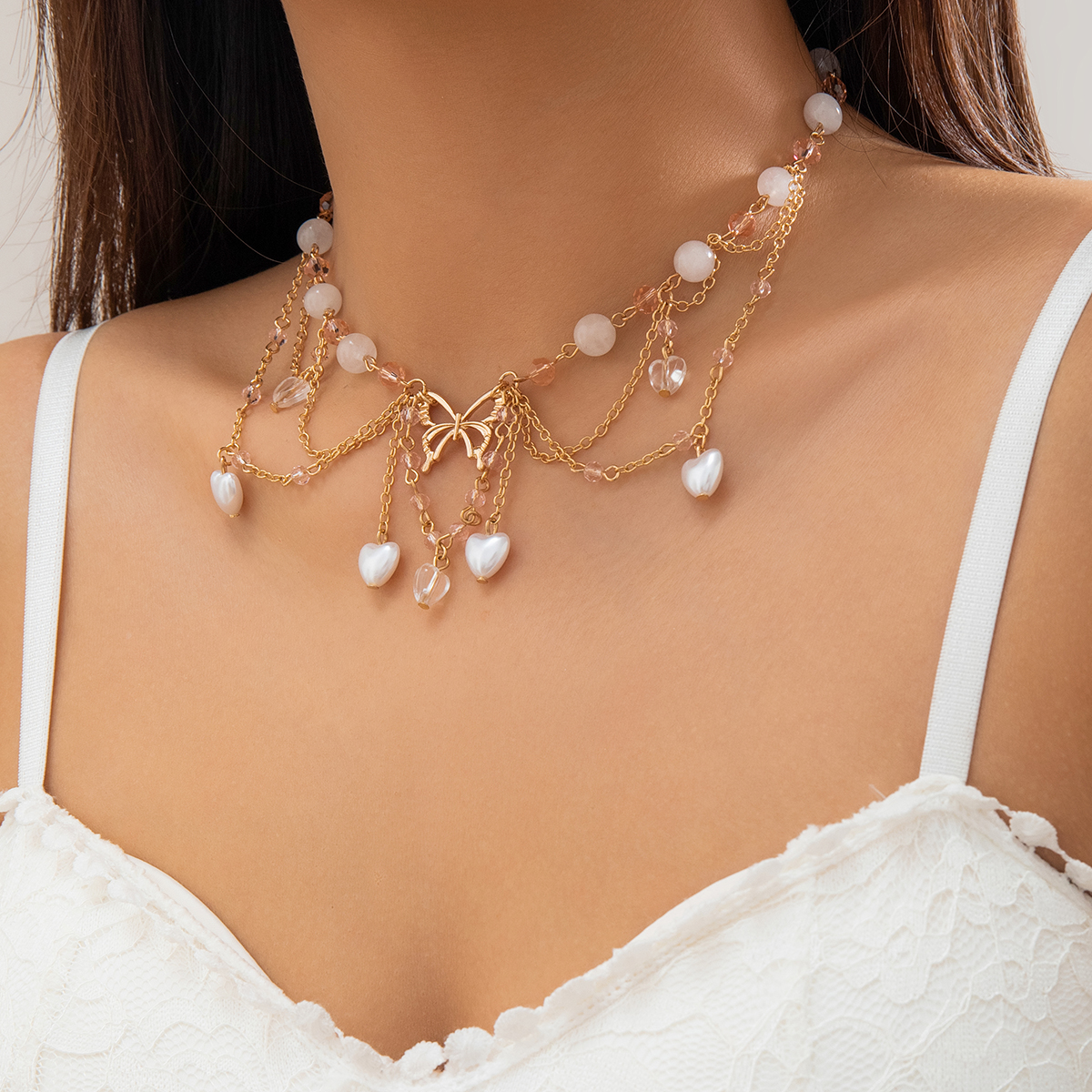 Elegant Sweet Heart Shape Butterfly Imitation Pearl Alloy Agate Crystal Tassel Chain Crystal Agate Women's Choker display picture 3