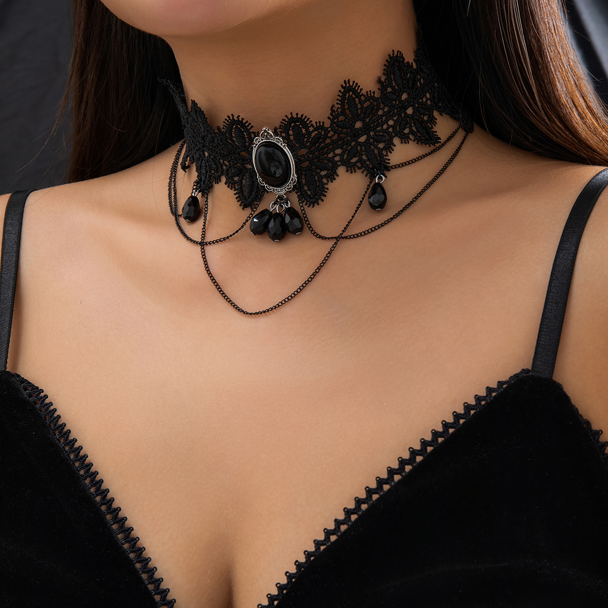 Wholesale Jewelry Gothic Retro Geometric Water Droplets Arylic Alloy Iron Acrylic Alloy Crystal Lace Hollow Out Choker display picture 2