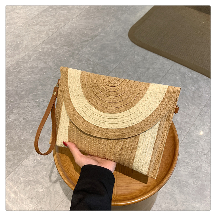 Women's Paper String Solid Color Vacation Square Magnetic Buckle Straw Bag display picture 1