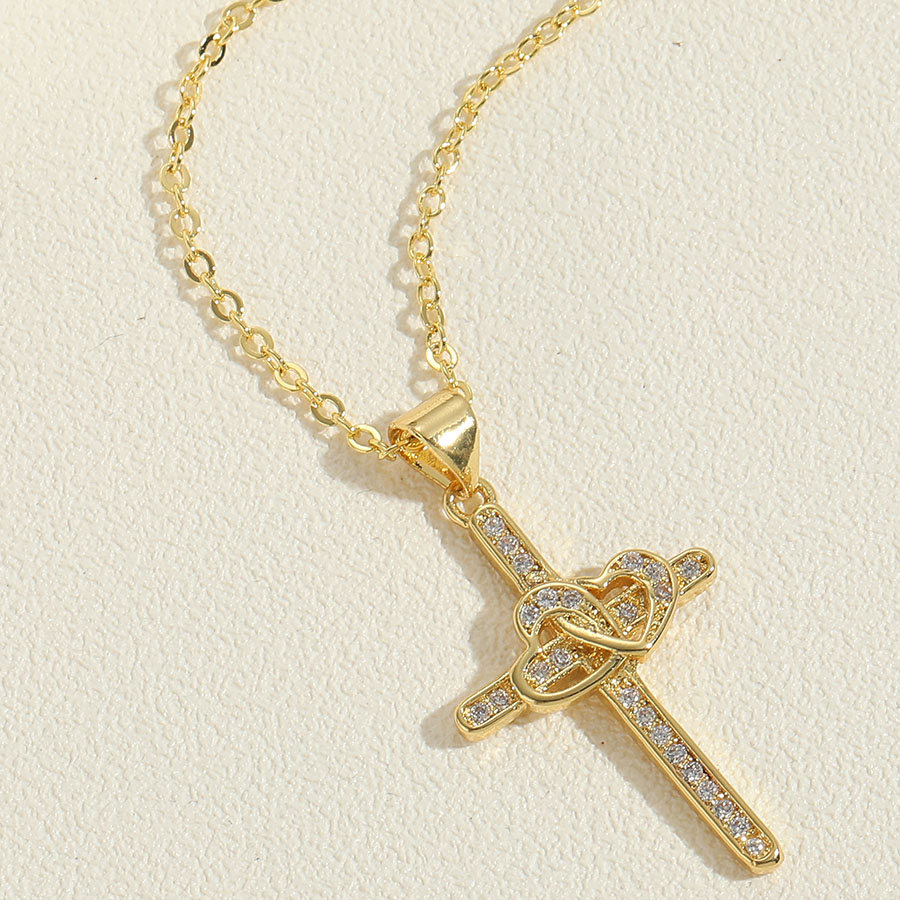Casual Vintage Style Simple Style Cross Copper 14k Gold Plated Zircon Pendant Necklace In Bulk display picture 4