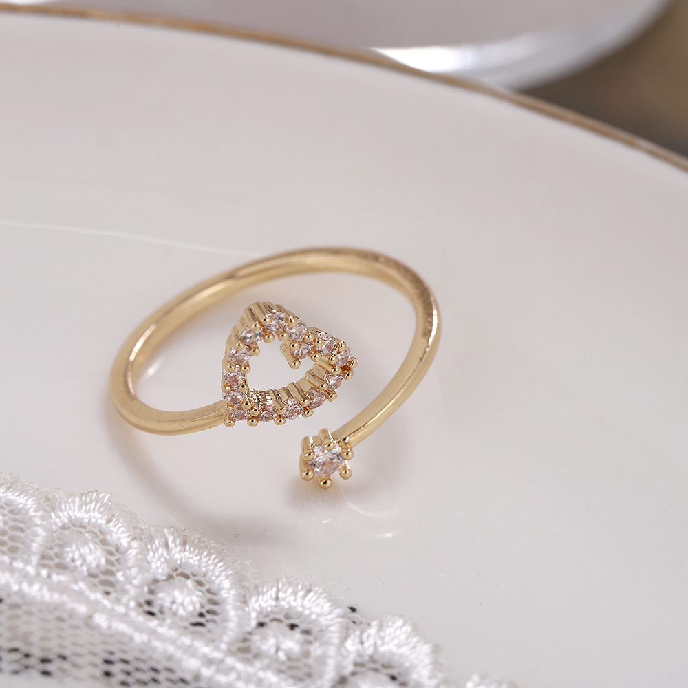 Simple Style Heart Shape Copper 18k Gold Plated Silver Plated Zircon Adjustable Ring In Bulk display picture 4