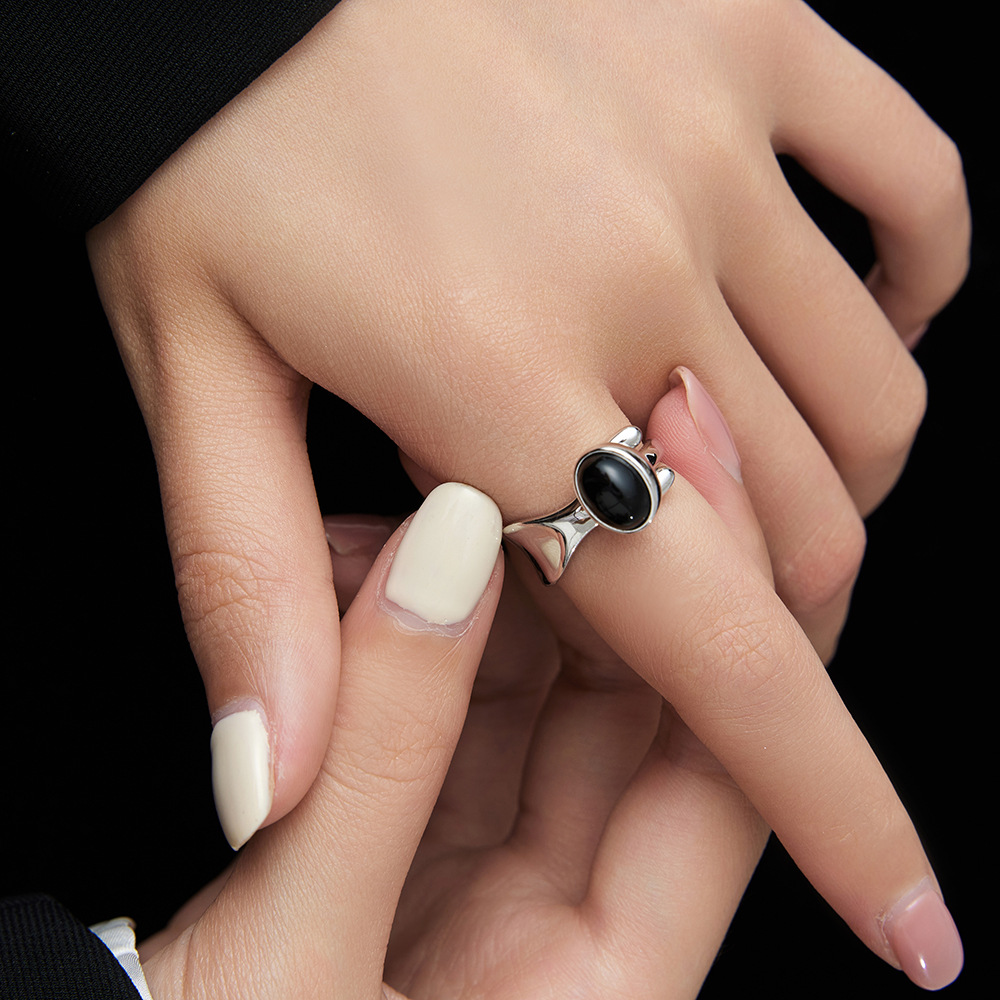 Casual Solid Color Sterling Silver Asymmetrical Plating Inlay Agate White Gold Plated Open Rings display picture 1