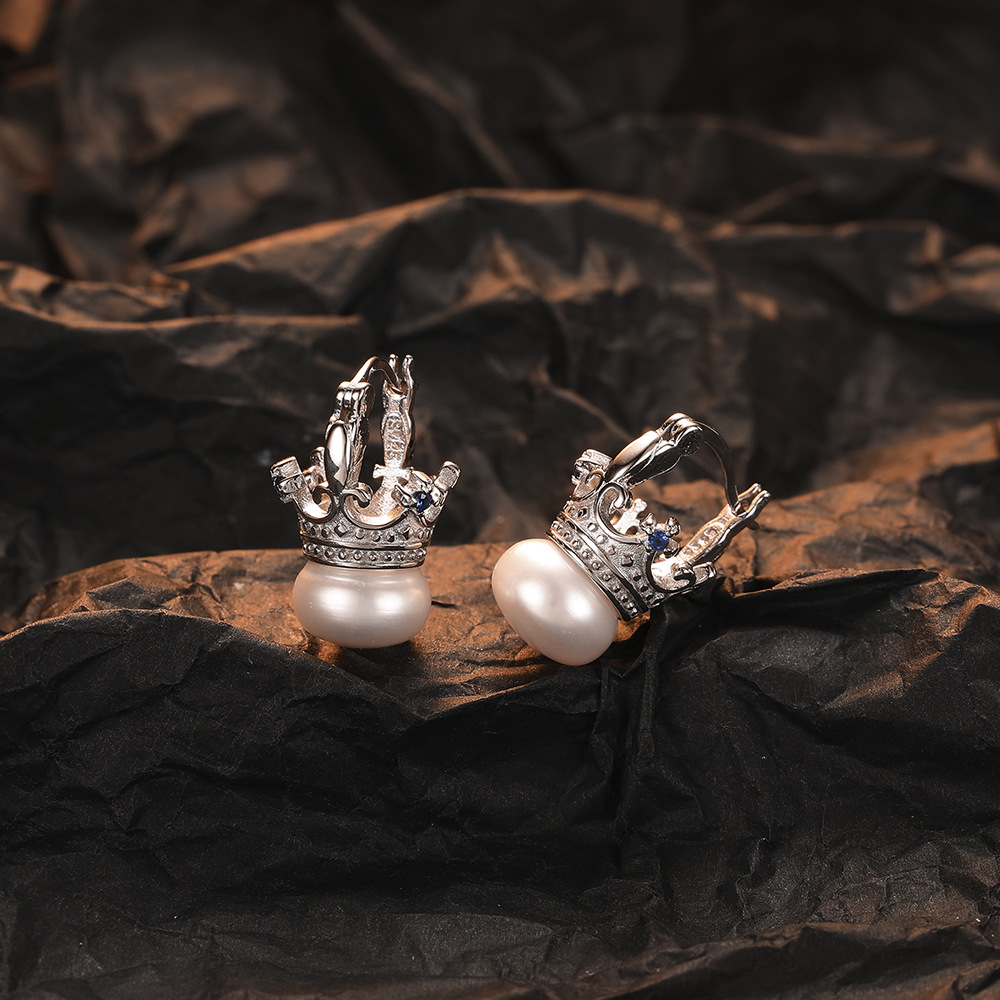 1 Pair Casual Crown Plating Inlay Sterling Silver Freshwater Pearl Zircon White Gold Plated Earrings display picture 1