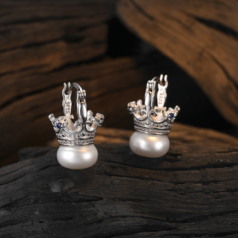 1 Pair Casual Crown Plating Inlay Sterling Silver Freshwater Pearl Zircon White Gold Plated Earrings display picture 6