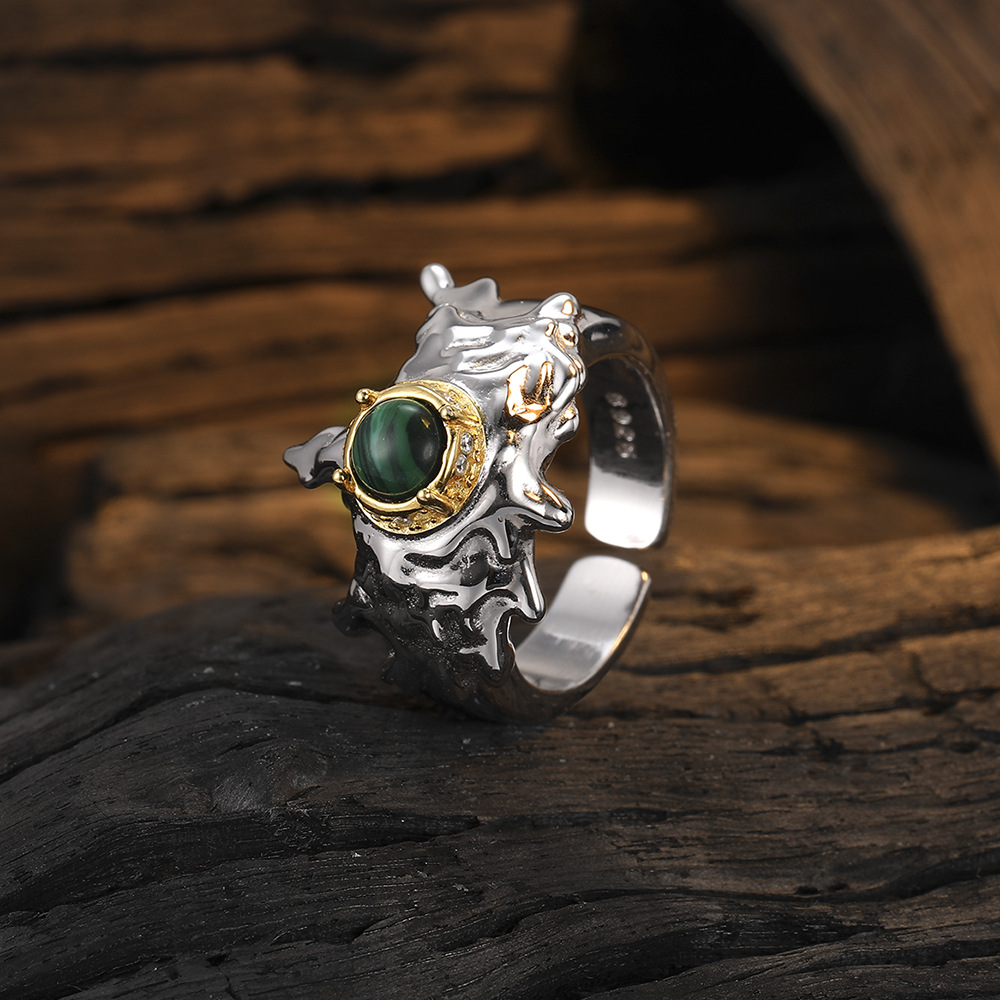 Retro Geometric Sterling Silver Plating Inlay Malachite 24k Gold Plated White Gold Plated Open Rings display picture 6
