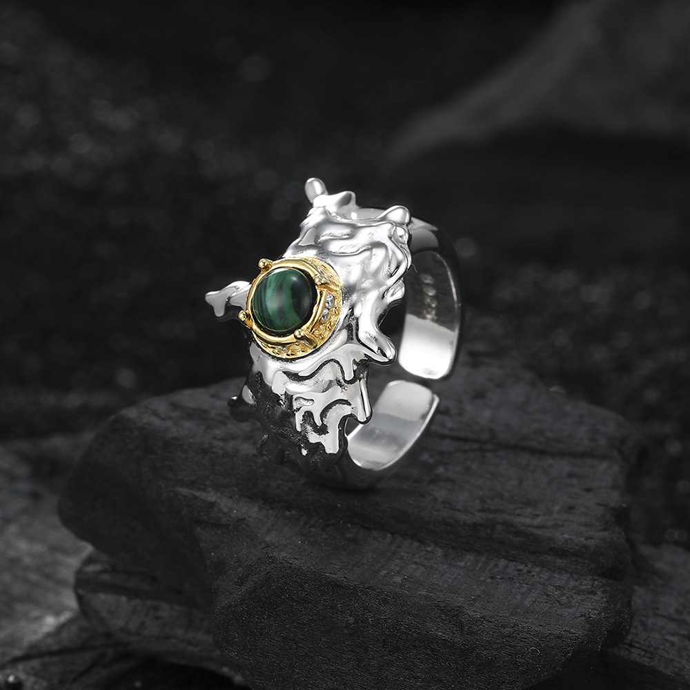 Retro Geometric Sterling Silver Plating Inlay Malachite 24k Gold Plated White Gold Plated Open Rings display picture 7