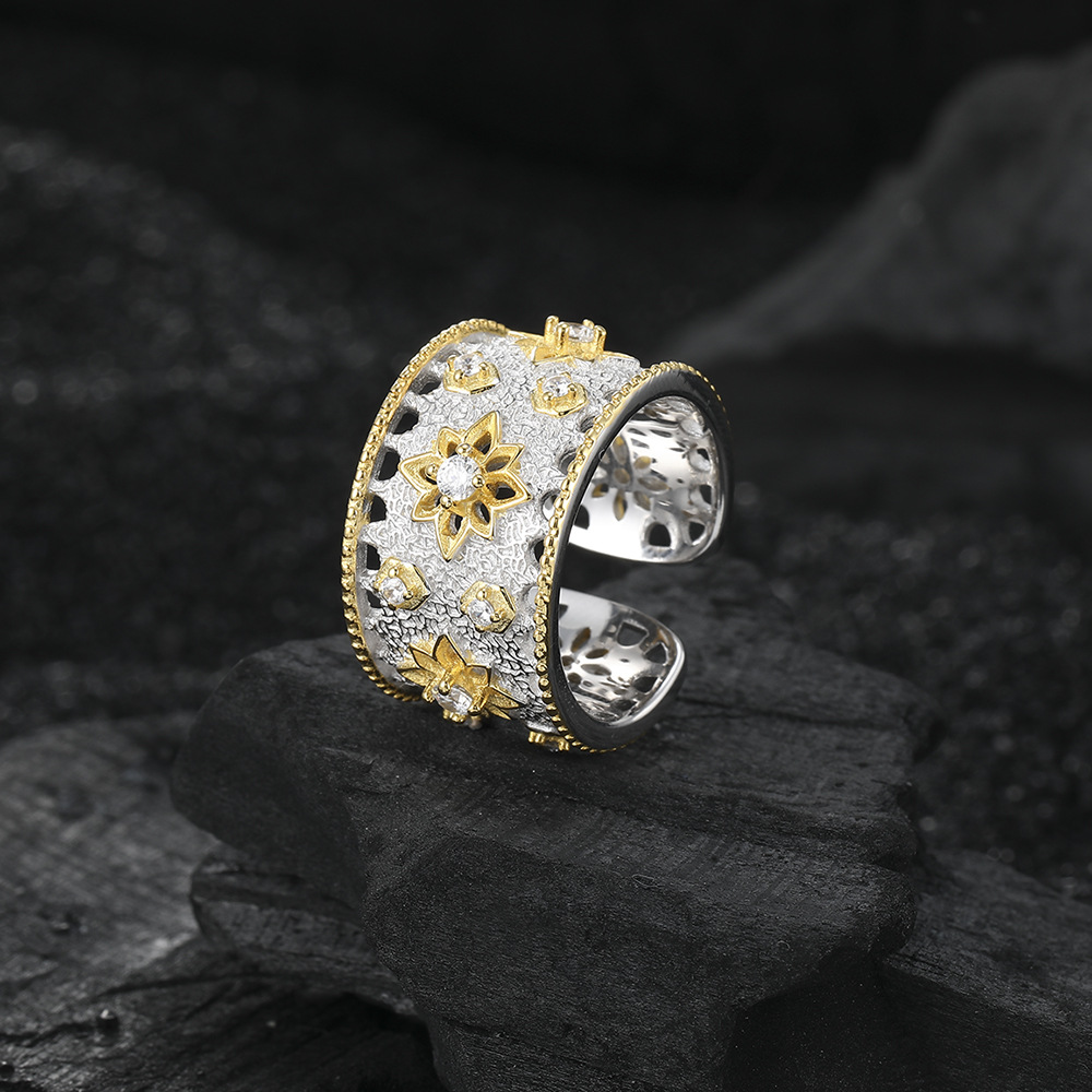 Retro Star Sterling Silver Plating Inlay Zircon 24k Gold Plated White Gold Plated Open Rings display picture 7