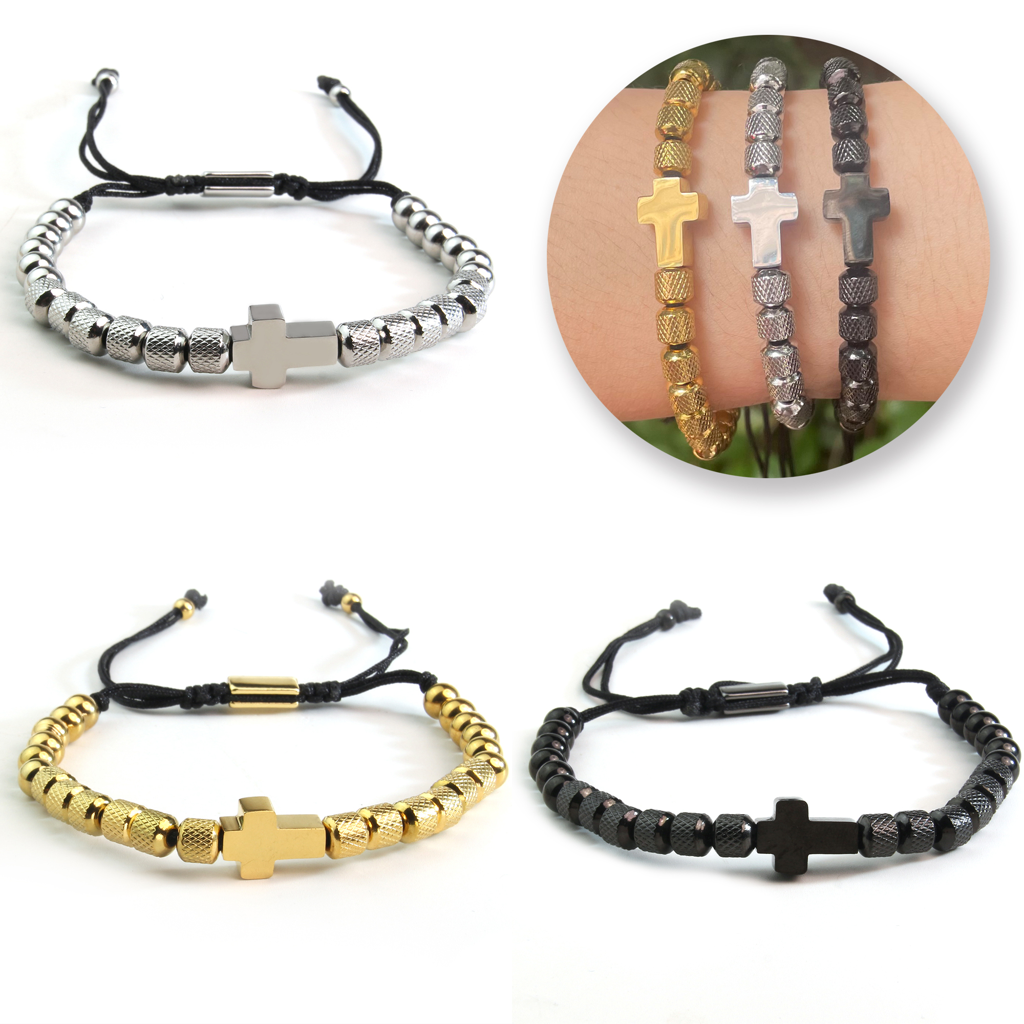 Basic Cross 304 Stainless Steel Beaded Plating Braid 18K Gold Plated Unisex Bracelets display picture 7