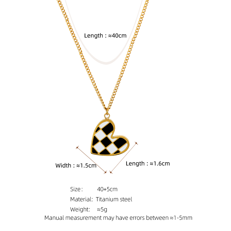 304 Stainless Steel 18K Gold Plated Casual Simple Style Enamel Plating Heart Shape Checkered Pendant Necklace display picture 1
