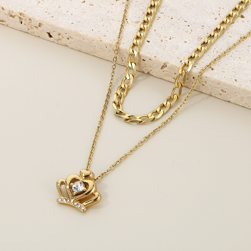 Stainless Steel Titanium Steel 18K Gold Plated Simple Style Hollow Out Inlay Heart Shape Crown Zircon Double Layer Necklaces display picture 5