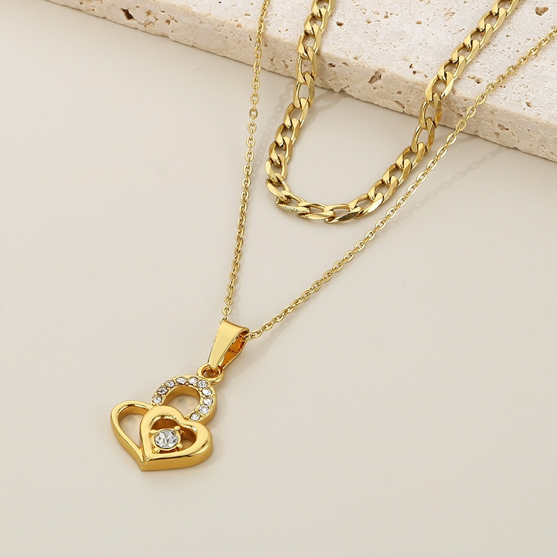 Stainless Steel Titanium Steel 18K Gold Plated Simple Style Hollow Out Inlay Heart Shape Crown Zircon Double Layer Necklaces display picture 6
