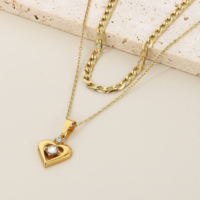 Stainless Steel Titanium Steel 18K Gold Plated Simple Style Hollow Out Inlay Heart Shape Crown Zircon Double Layer Necklaces display picture 7