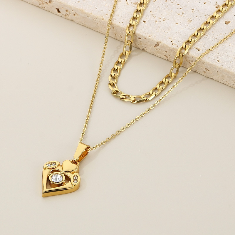 Stainless Steel Titanium Steel 18K Gold Plated Simple Style Hollow Out Inlay Heart Shape Crown Zircon Double Layer Necklaces display picture 8