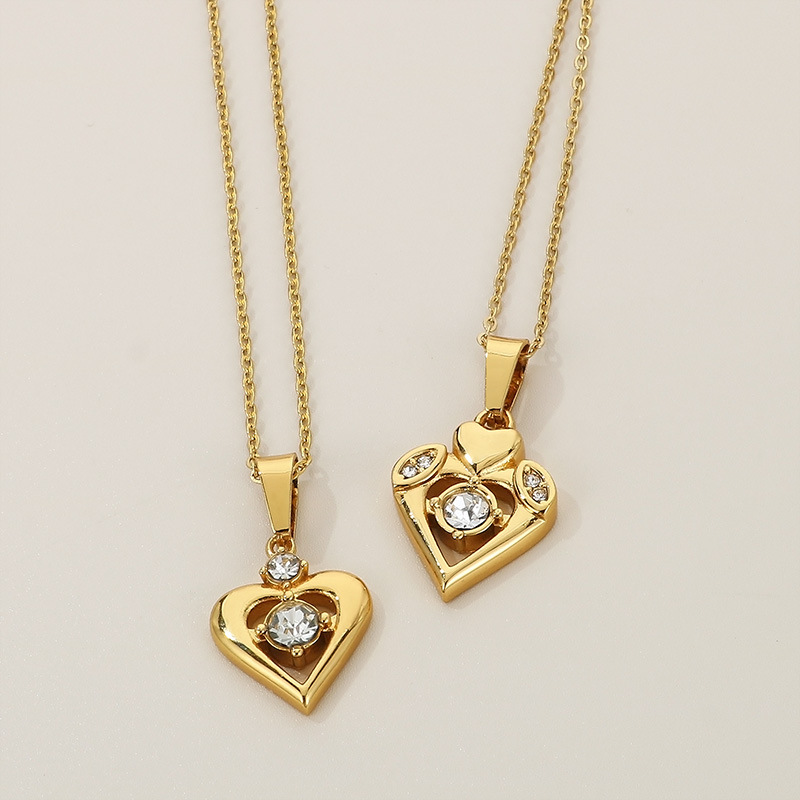 Stainless Steel Titanium Steel 18K Gold Plated Simple Style Hollow Out Inlay Heart Shape Crown Zircon Double Layer Necklaces display picture 10