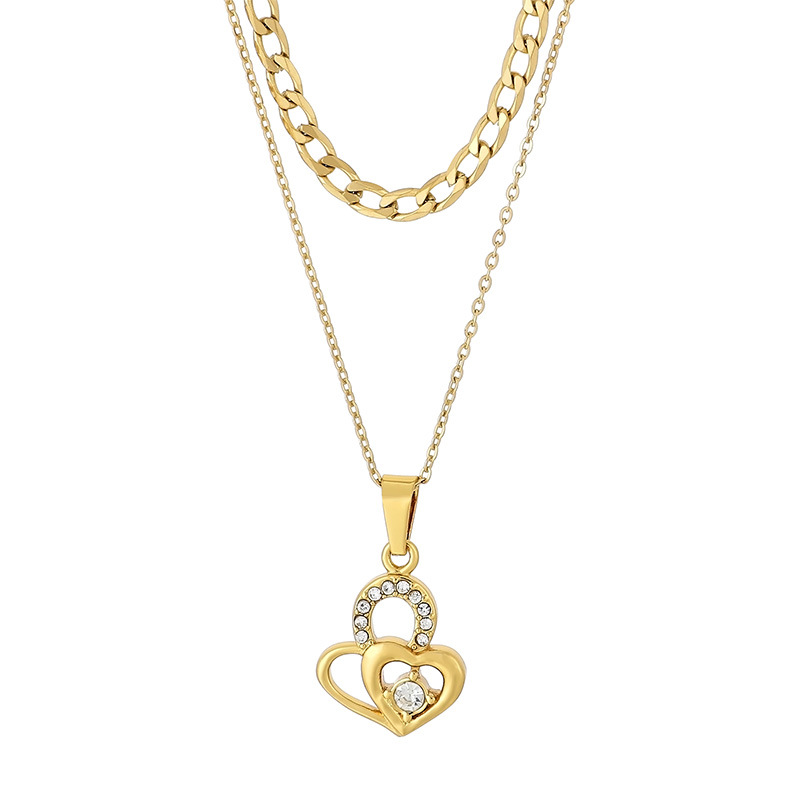Stainless Steel Titanium Steel 18K Gold Plated Simple Style Hollow Out Inlay Heart Shape Crown Zircon Double Layer Necklaces display picture 11