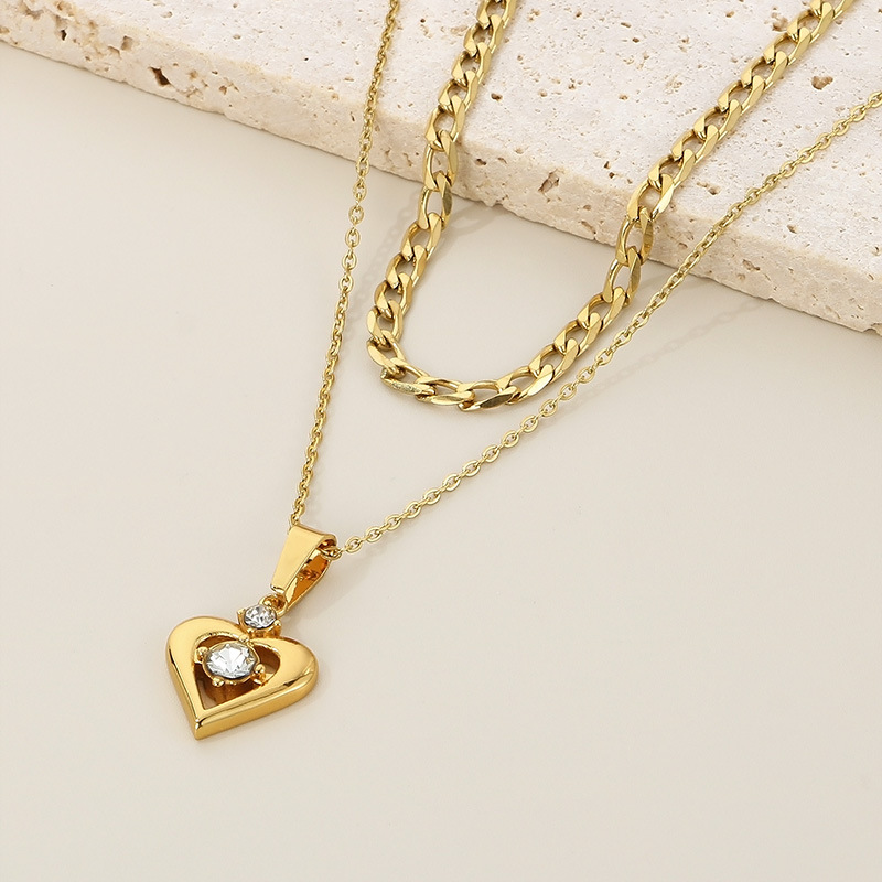 Stainless Steel Titanium Steel 18K Gold Plated Simple Style Hollow Out Inlay Heart Shape Crown Zircon Double Layer Necklaces display picture 18