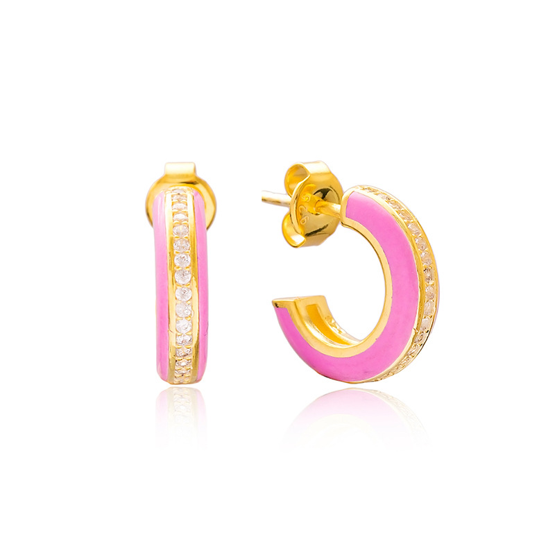 1 Pair Simple Style C Shape Enamel Inlay Copper Zircon Ear Studs display picture 3