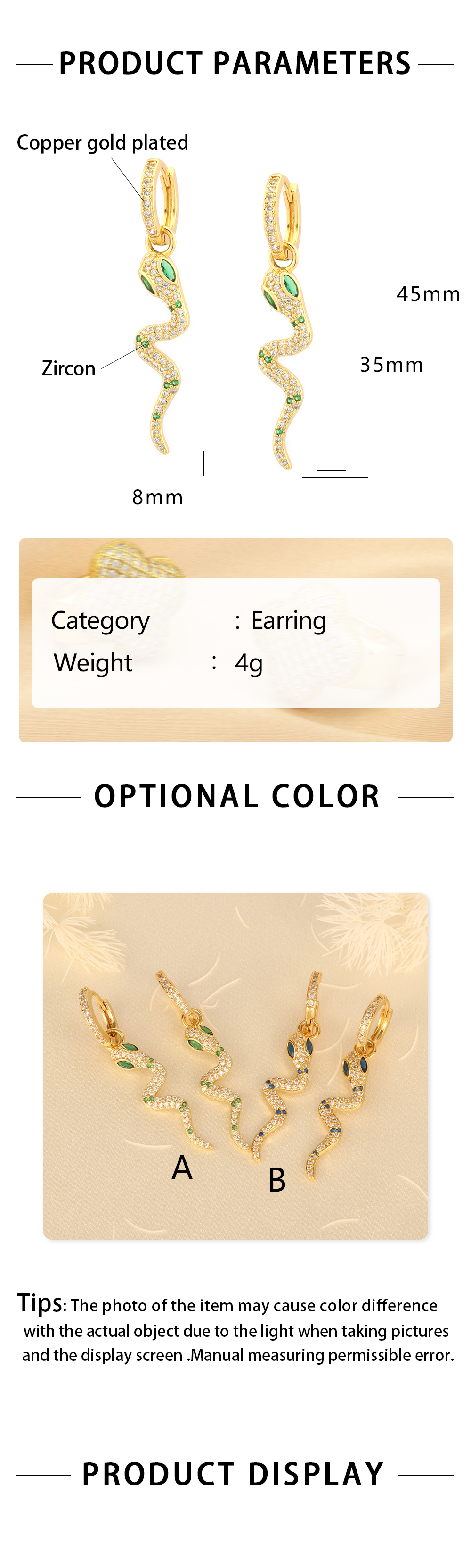 1 Piece Simple Style Snake Plating Inlay Copper Zircon 18k Gold Plated Drop Earrings display picture 1