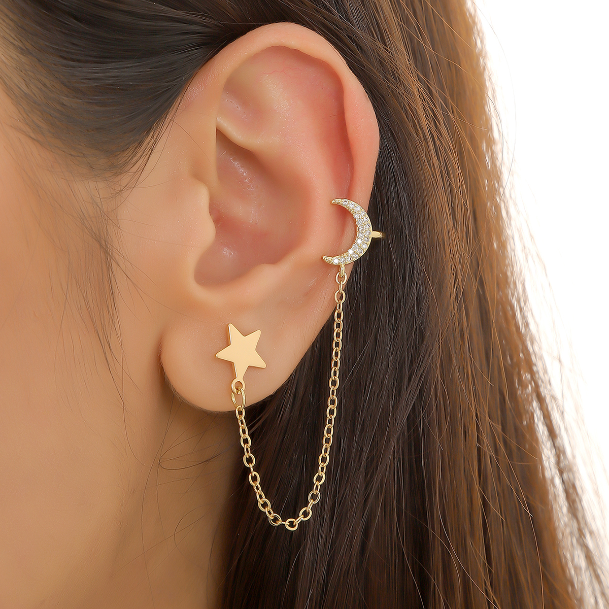 1 Piece Vintage Style Star Moon Plating Inlay Copper Zircon Gold Plated Ear Cuffs display picture 5