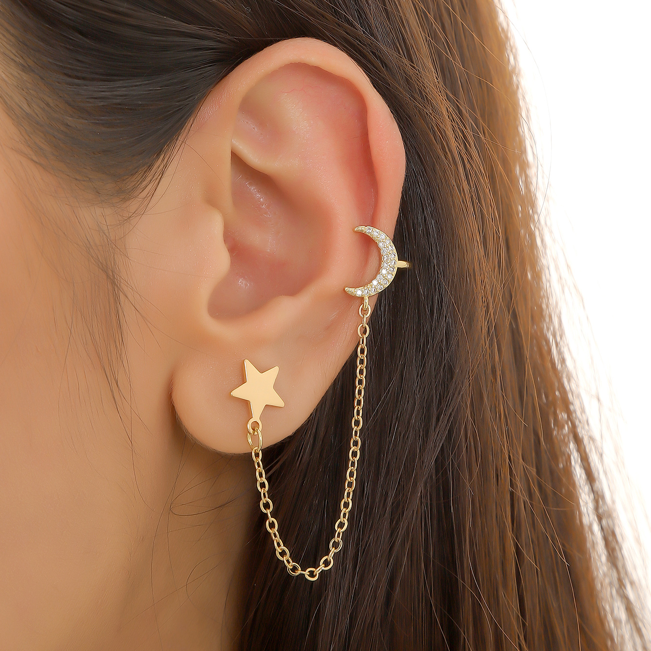 1 Piece Vintage Style Star Moon Plating Inlay Copper Zircon Gold Plated Ear Cuffs display picture 8