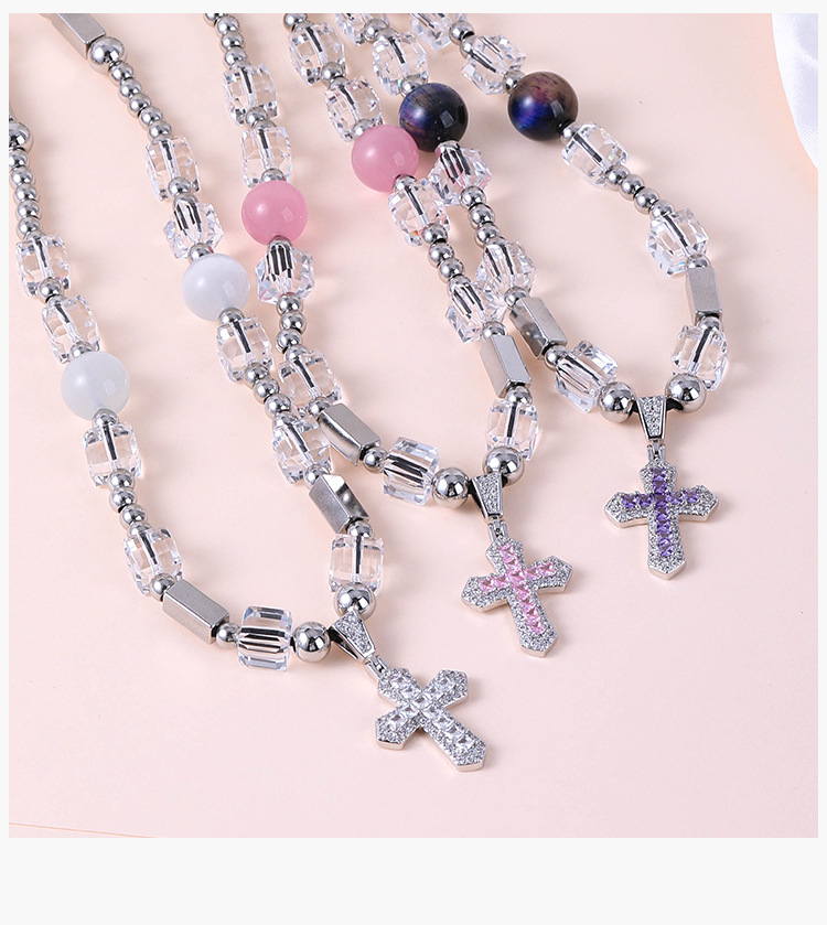 IG Style Cross 304 Stainless Steel Arylic Beaded Plating Inlay Zircon Unisex Pendant Necklace display picture 3