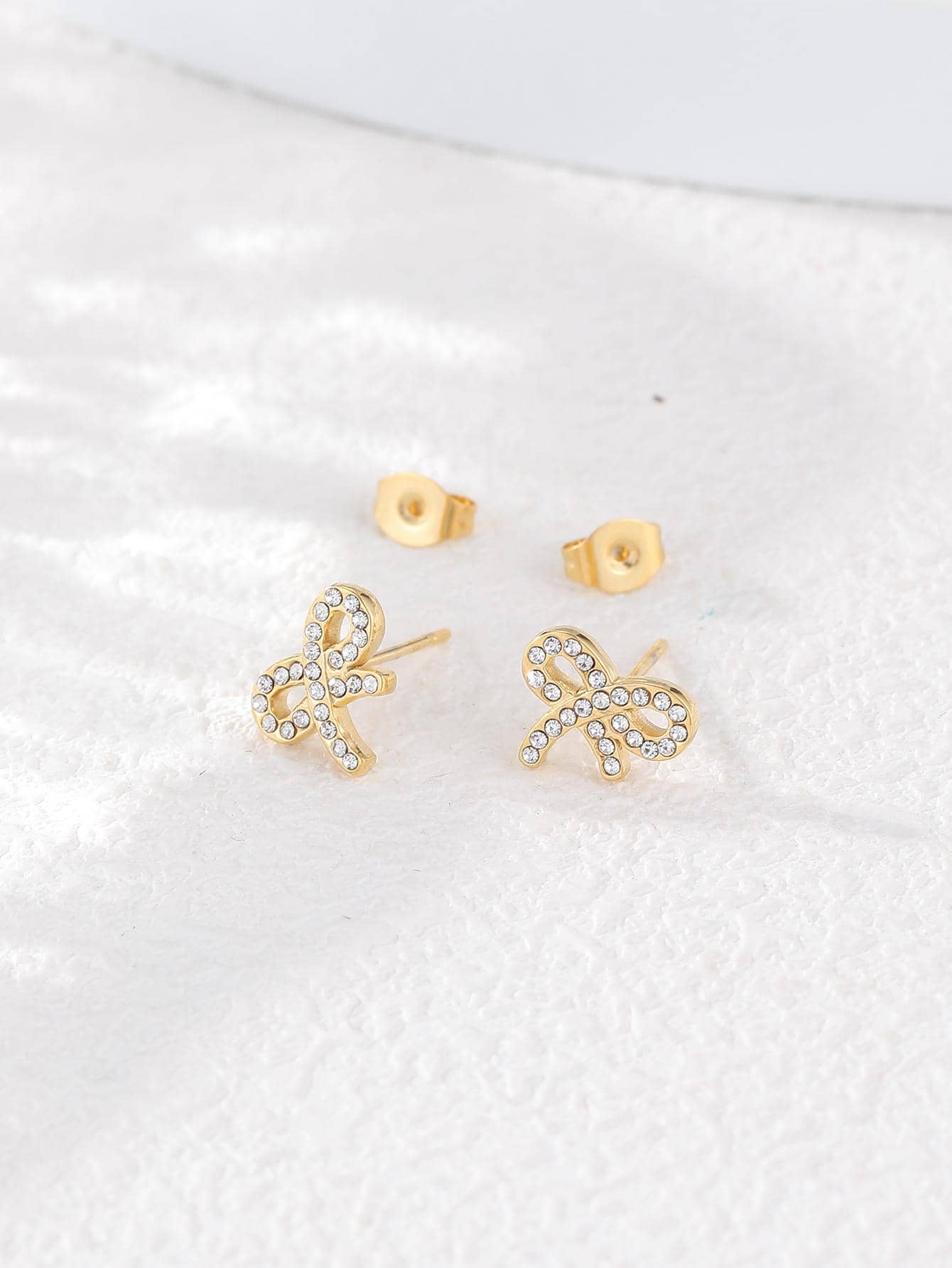 1 Pair Vintage Style Bow Knot Plating Inlay 304 Stainless Steel Zircon 18K Gold Plated Ear Studs display picture 7
