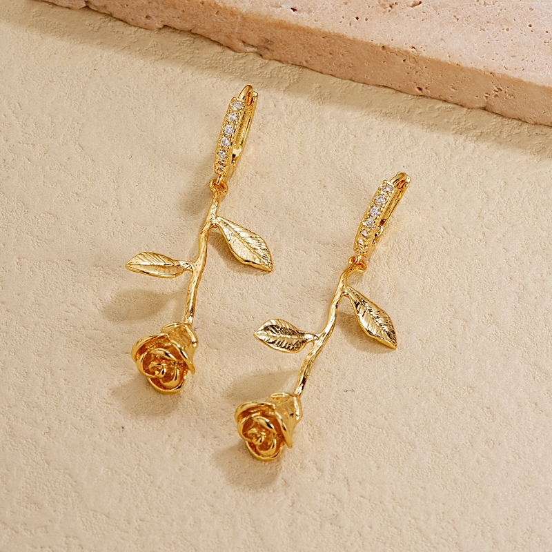 1 Pair Vintage Style Rose Flower Plating Inlay Copper Zircon Drop Earrings display picture 3