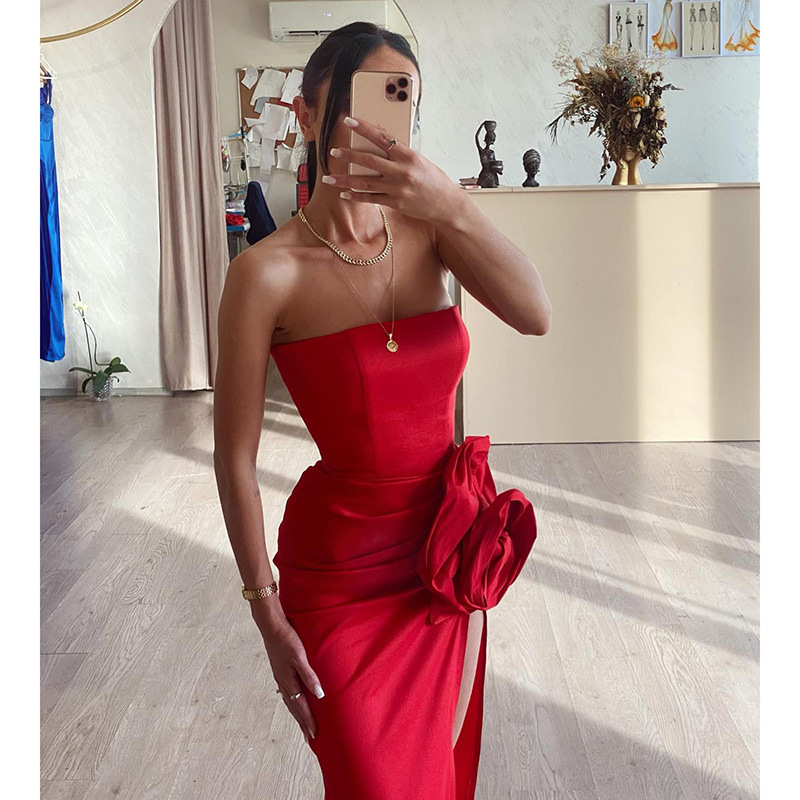 Women's Party Dress Sexy Strapless Slit Pleated Sleeveless Solid Color Flower Maxi Long Dress Daily Street display picture 4