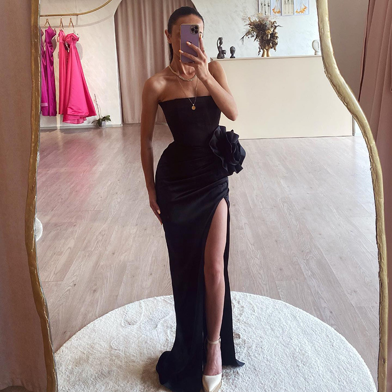 Women's Party Dress Sexy Strapless Slit Pleated Sleeveless Solid Color Flower Maxi Long Dress Daily Street display picture 7