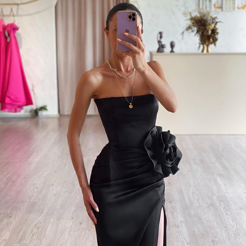 Women's Party Dress Sexy Strapless Slit Pleated Sleeveless Solid Color Flower Maxi Long Dress Daily Street display picture 9