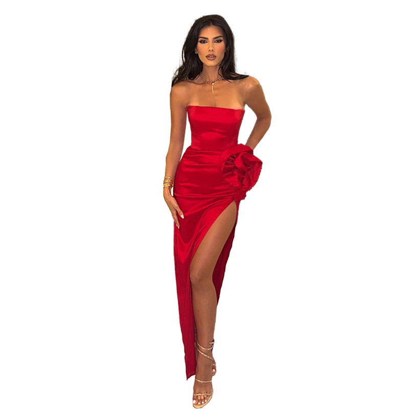 Women's Party Dress Sexy Strapless Slit Pleated Sleeveless Solid Color Flower Maxi Long Dress Daily Street display picture 13