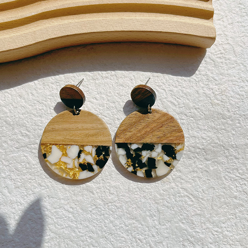 1 Pair Retro Classic Style Geometric Water Droplets Heart Shape Plating Inlay Wood Sequins Resin 14k Gold Plated Ear Hook display picture 8