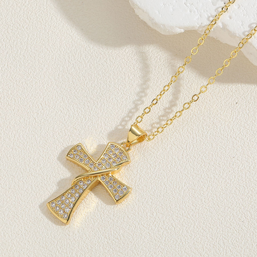 Vintage Style Simple Style Cross Copper 14k Gold Plated Zircon Pendant Necklace In Bulk display picture 4