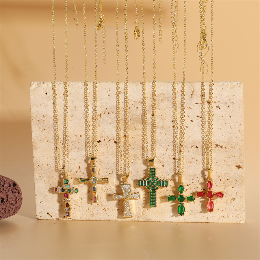 Vintage Style Simple Style Cross Copper 14k Gold Plated Zircon Pendant Necklace In Bulk display picture 9