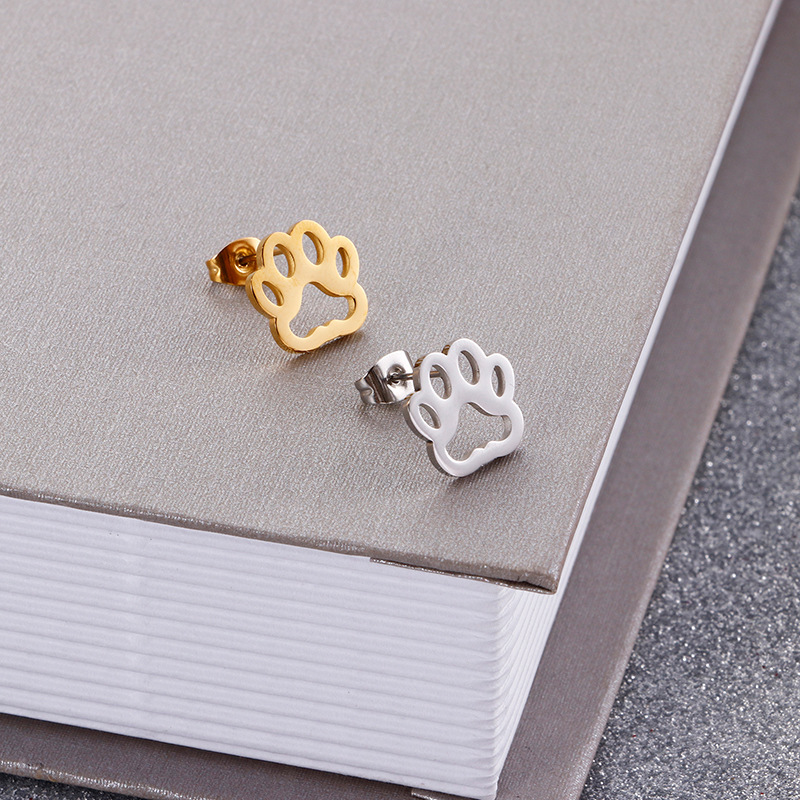 1 Pair Vintage Style Paw Print Plating Stainless Steel 18K Gold Plated Ear Studs display picture 5