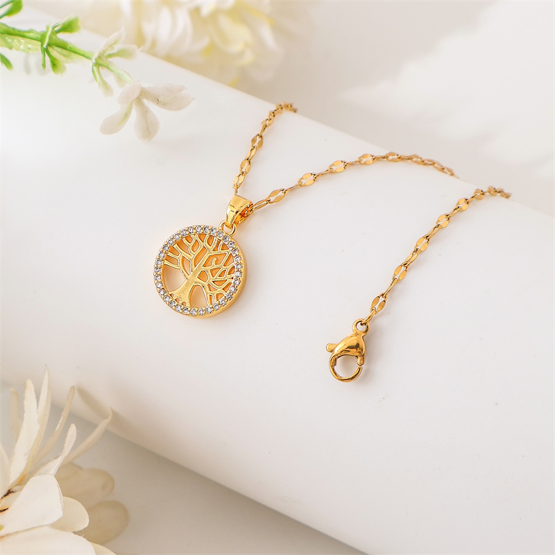 Stainless Steel Titanium Steel 18K Gold Plated Simple Style Plating Inlay Tree Zircon Pendant Necklace display picture 3