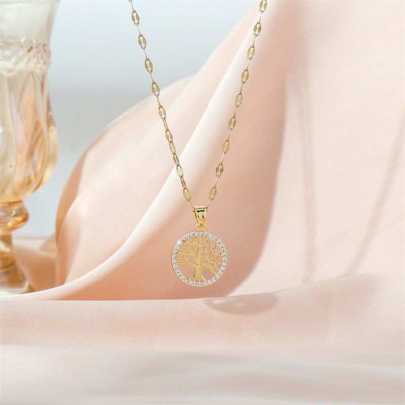 Stainless Steel Titanium Steel 18K Gold Plated Simple Style Plating Inlay Tree Zircon Pendant Necklace display picture 2