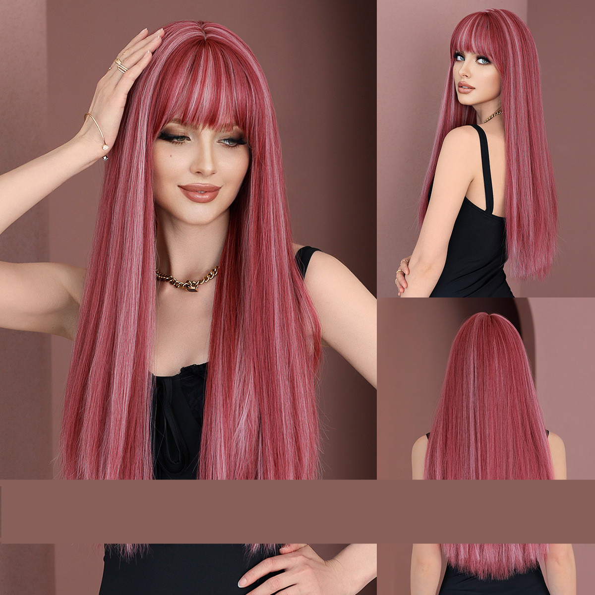 Women's Elegant Multicolor Casual High Temperature Wire Bangs Long Straight Hair Wig Net display picture 3