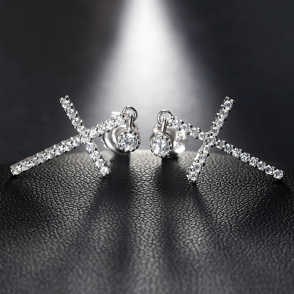 1 Pair Casual Glam Classic Style Cross Plating Inlay Sterling Silver Zircon White Gold Plated Drop Earrings display picture 2