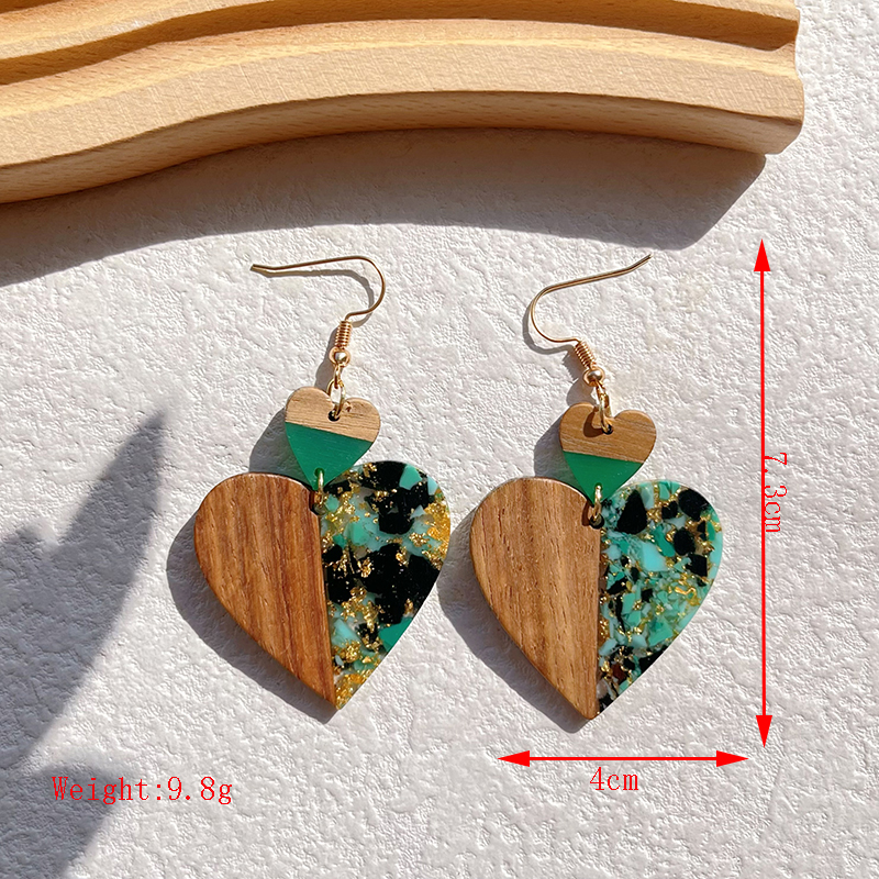 1 Pair Classical Retro Water Droplets Heart Shape Printing Plating Wood Resin 14k Gold Plated Drop Earrings display picture 5